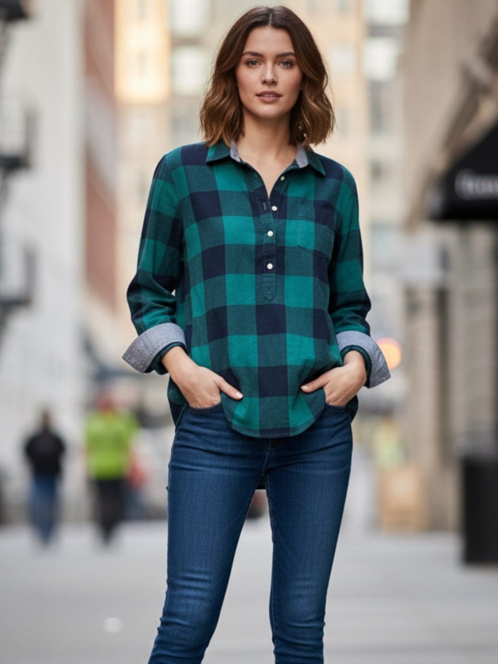 Tommy Hilfiger, green and blue checkered flannel.    Lg